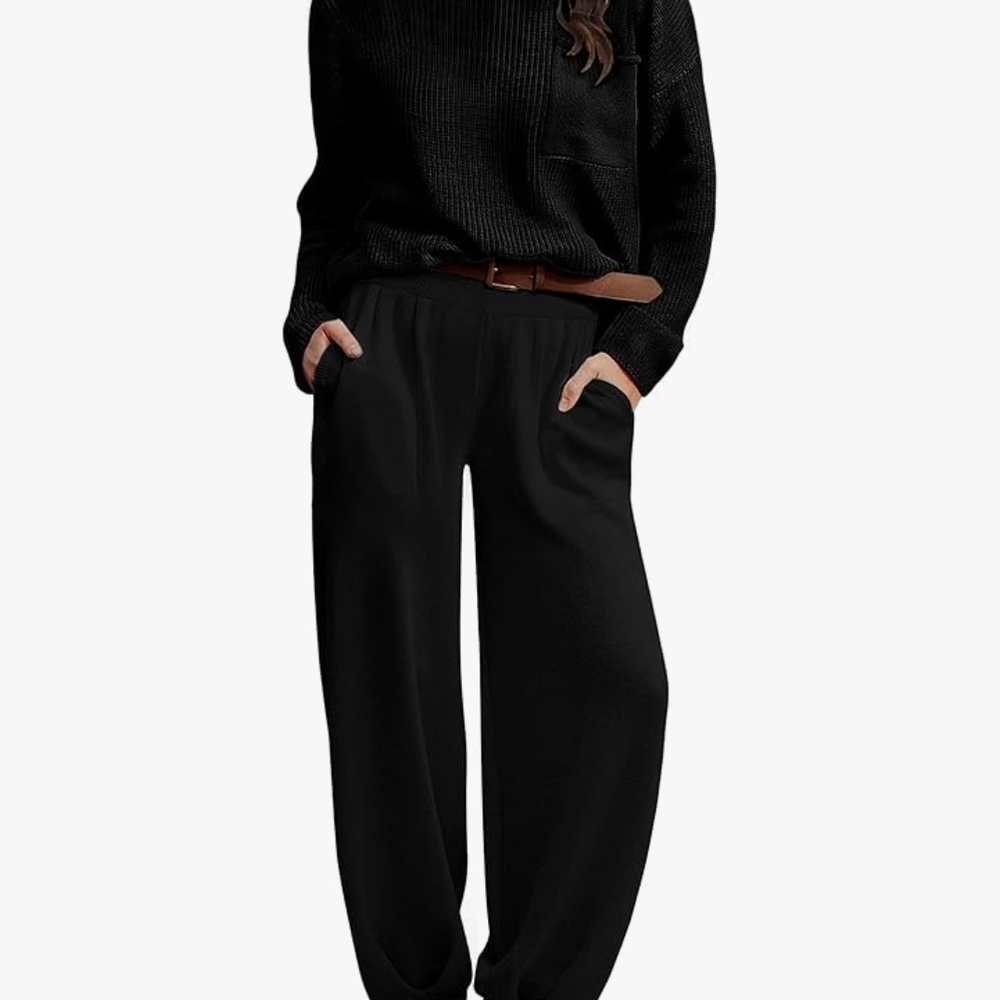 Relaxed Wide-Leg Black Pants with Elastic Waist and Pullover Knit Top Lounge Set